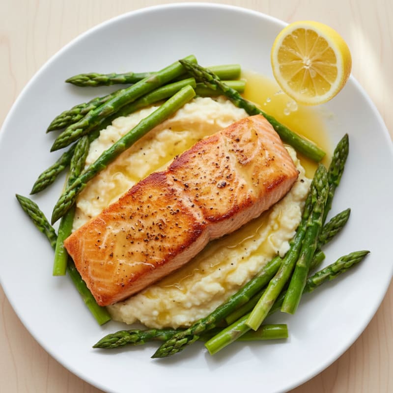 Seared Salmon with Steamed Asparagus and Cauliflower Mash