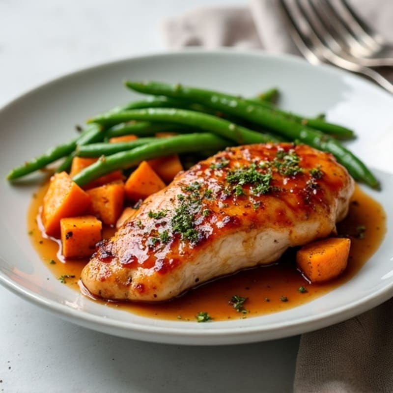 Sticky Honey-Garlic Chicken with Roasted Sweet Potatoes and Green Beans