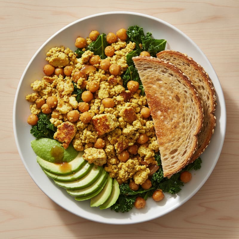 Silky Tofu and Chickpea Scramble with Leafy Greens