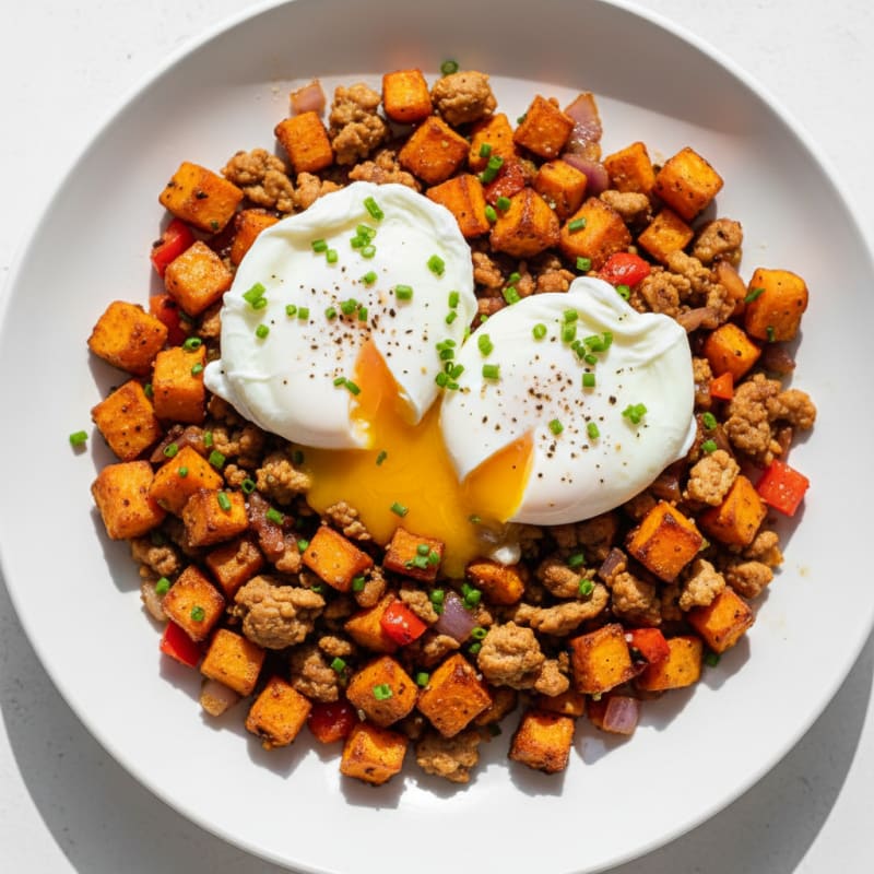 Sweet Potato Hash with Poached Eggs