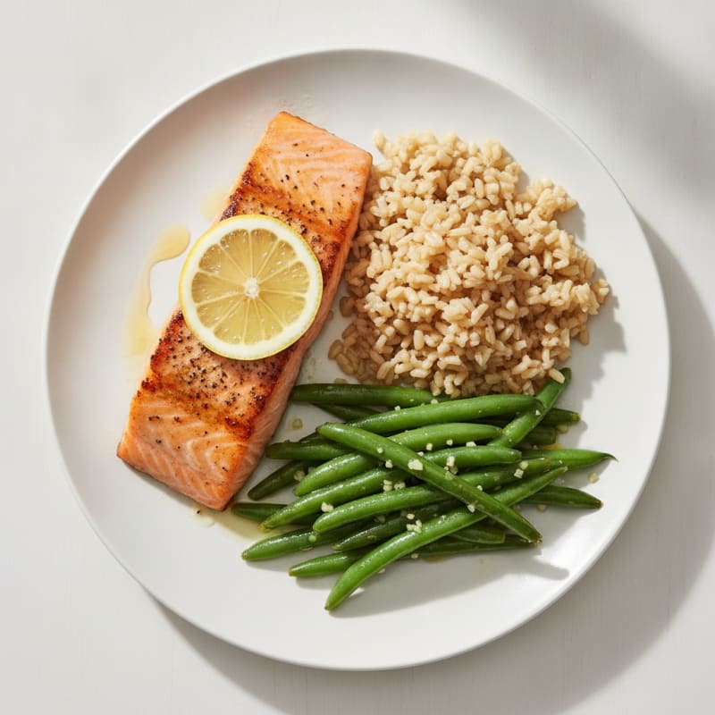 Seared Salmon with Garlic Green Beans and Brown Rice