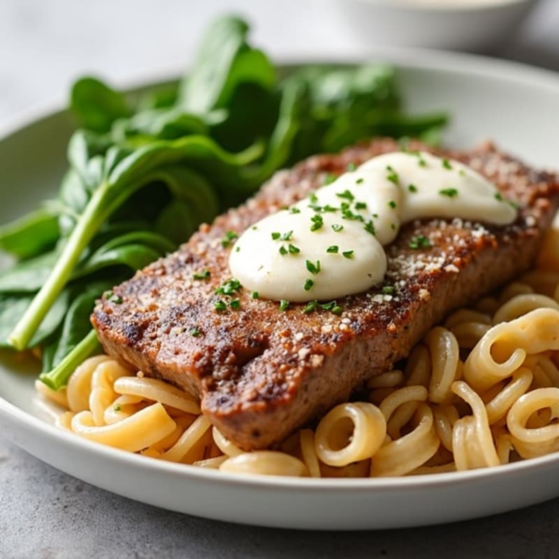 Lean Steak and Whole Wheat Pasta with Creamy Garlic Parmesan Sauce and Spinach