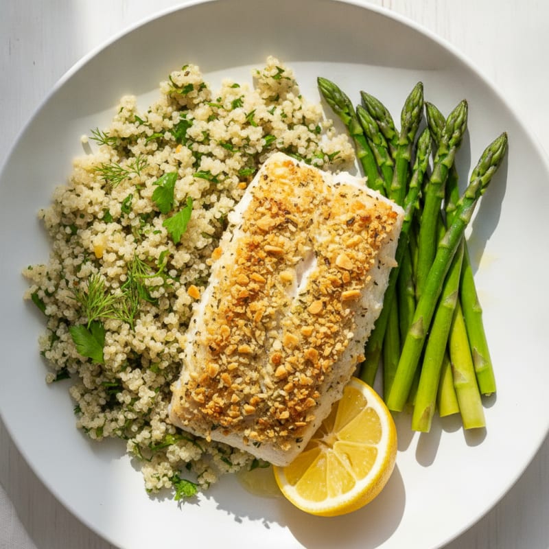 Baked Cod with Herb-Crusted Quinoa and Steamed Asparagus