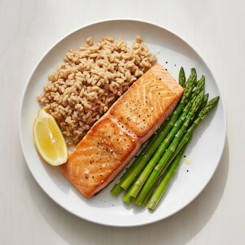 Seared Salmon Fillet with Steamed Asparagus and Brown Rice
