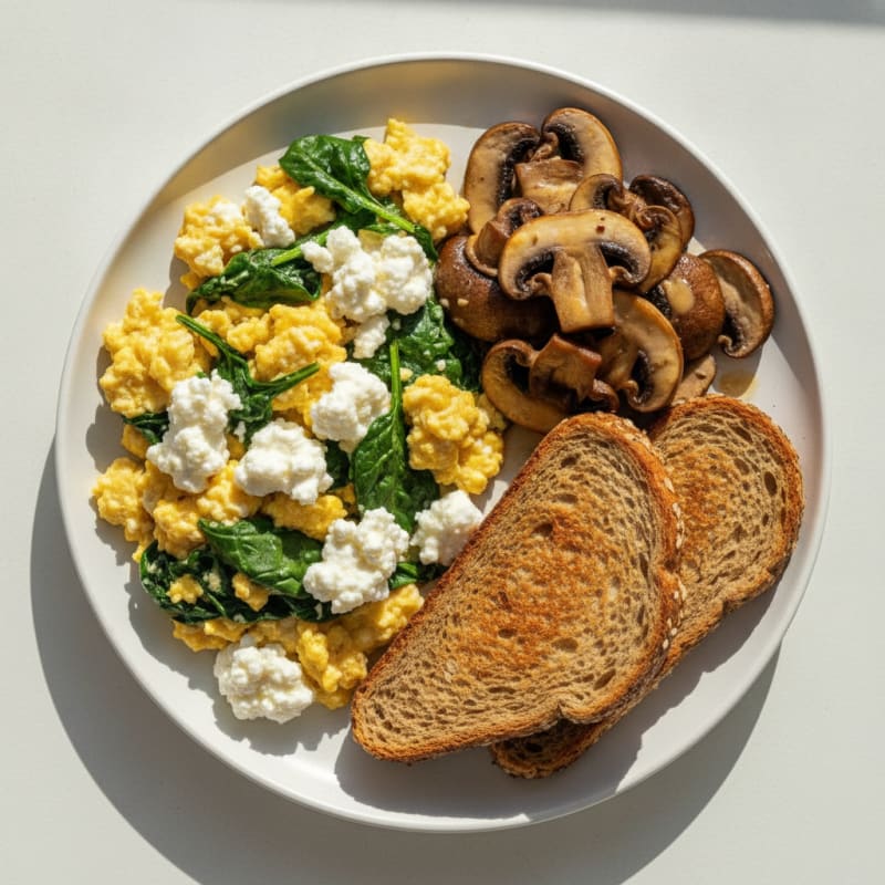 Cottage Cheese and Spinach Egg Scramble with Sautéed Mushrooms