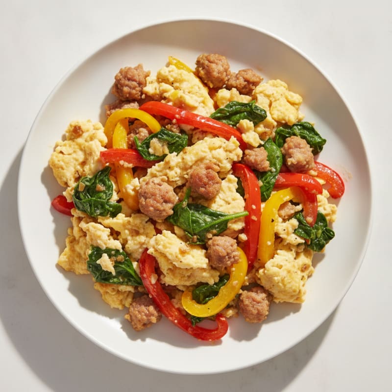 Egg White and Turkey Sausage Scramble with Spinach and Bell Peppers