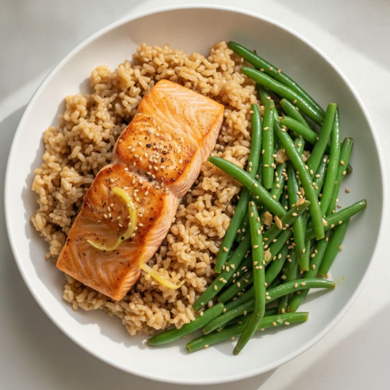 Seared Salmon with Garlic Green Beans and Brown Rice