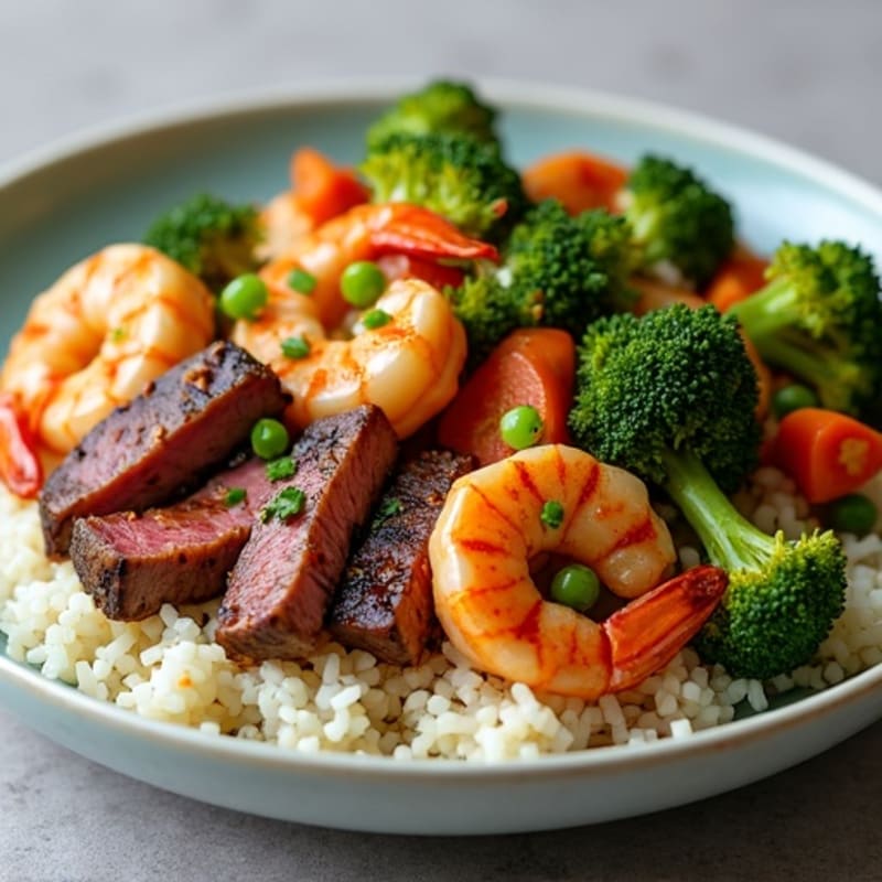 Seared Beef and Prawn Stir-Fry with Roasted Broccoli and Carrots