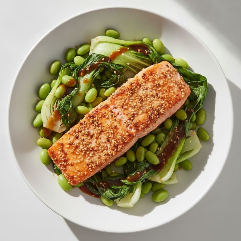 Sesame Seared Salmon with Crunchy Bok Choy and Edamame