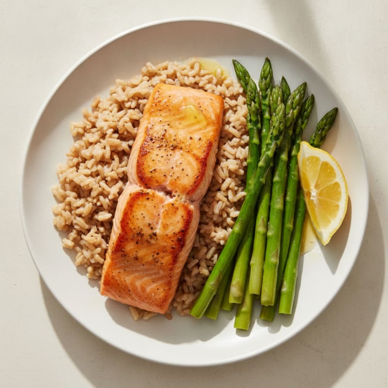 Seared Salmon Fillet with Steamed Asparagus and Brown Rice