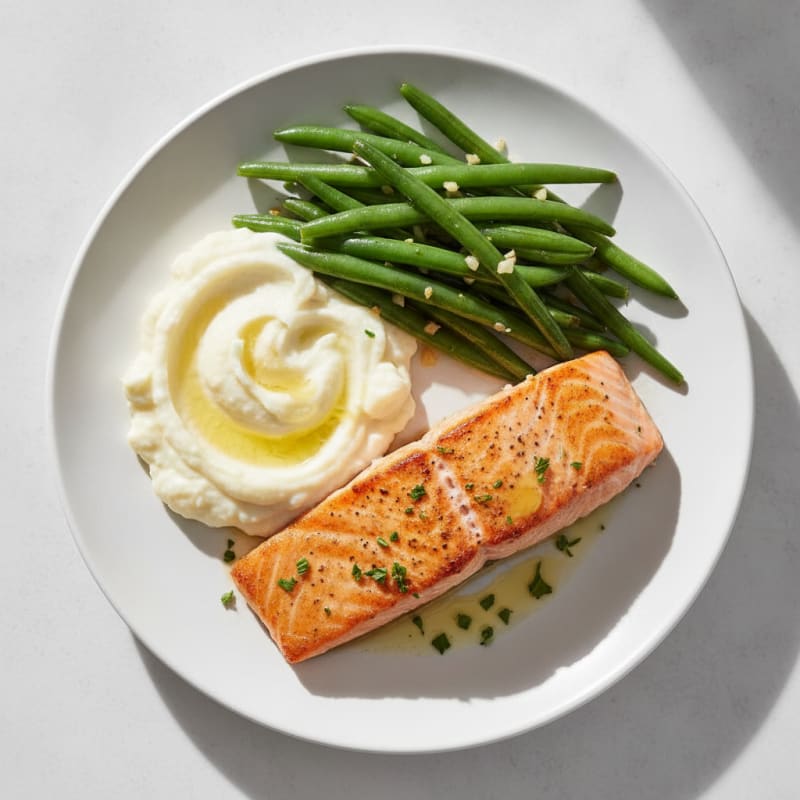 Seared Salmon with Garlic Green Beans and Mashed Cauliflower