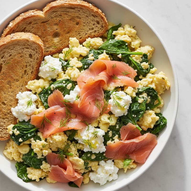 Silky Smoked Salmon Scramble with Spinach and Cottage Cheese