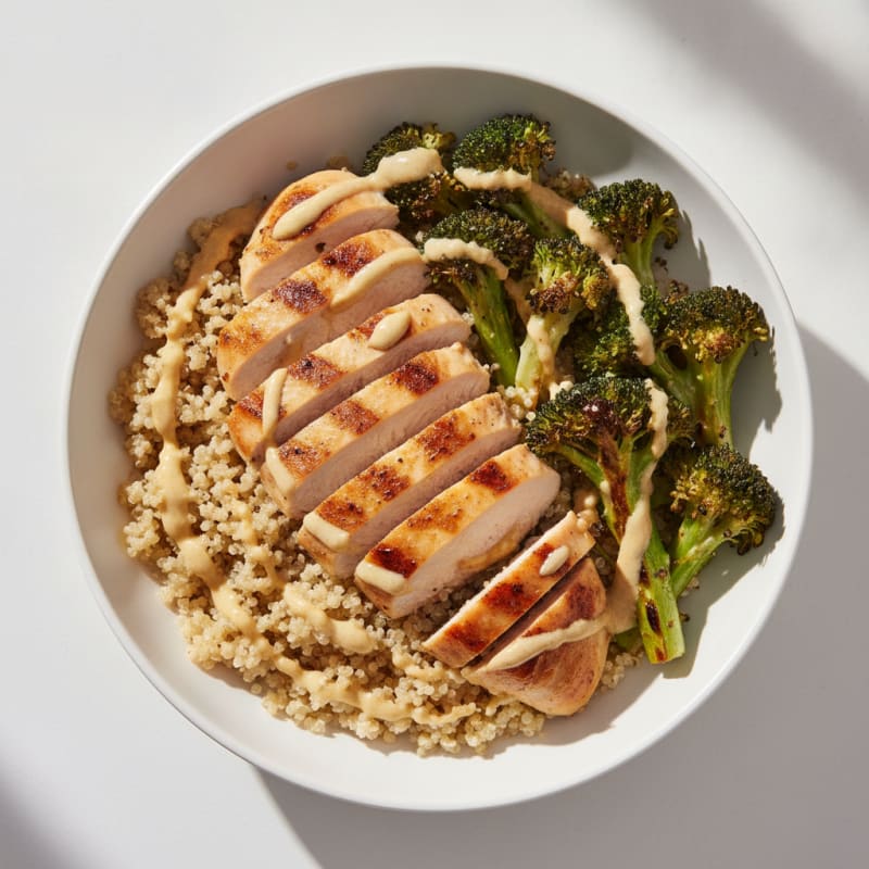 Grilled Chicken Quinoa Bowl with Roasted Broccoli and Lemon Tahini Drizzle