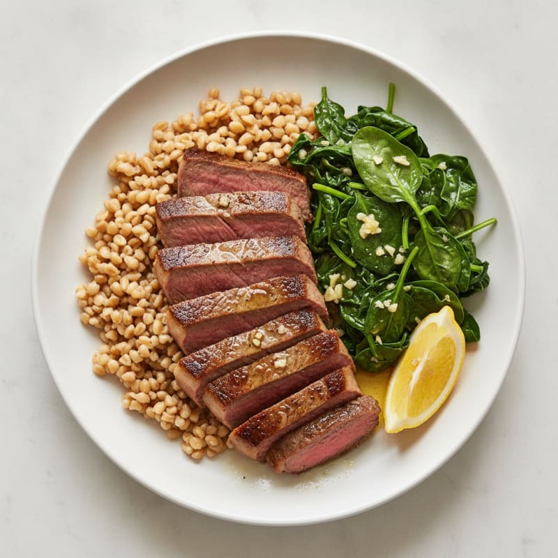 Seared Lean Beef with Farro and Sautéed Spinach