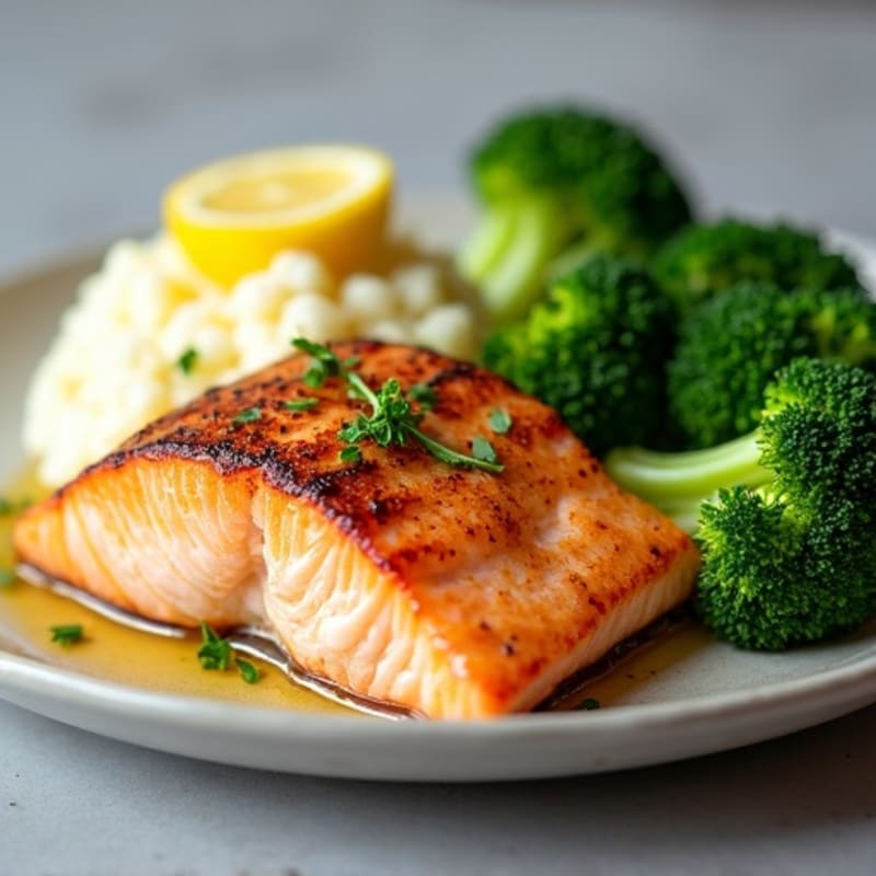 Seared Salmon Fillet with Steamed Broccoli and Garlic Cauliflower Mash