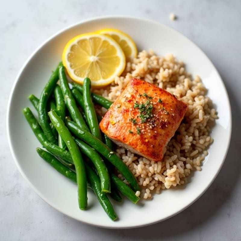 Seared Salmon with Steamed Green Beans and Brown Rice