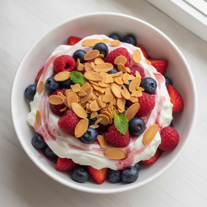 Greek Yogurt Protein Parfait with Mixed Berries and Almonds