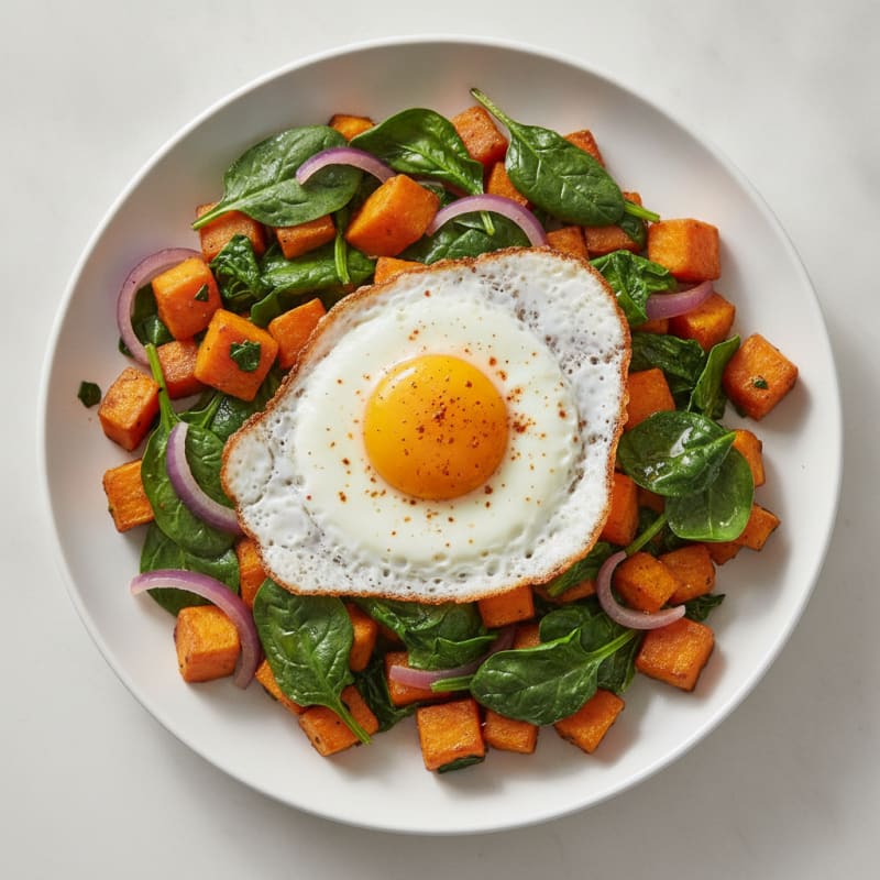 Egg and Sweet Potato Hash with Spinach