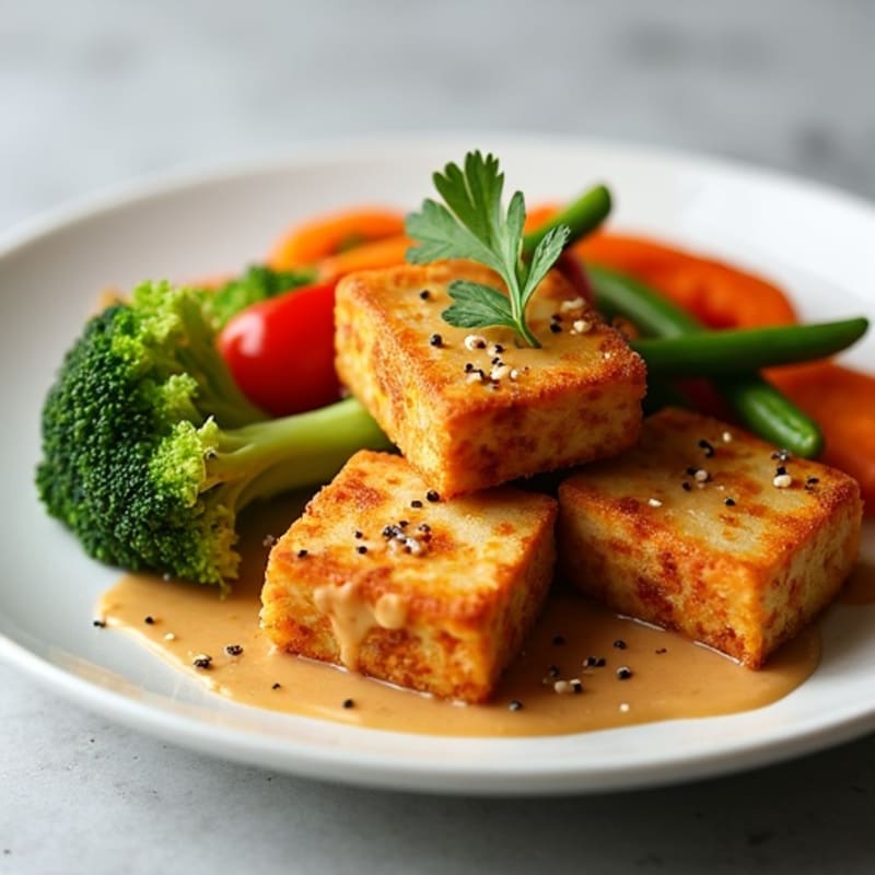 Crispy Baked Tofu with Roasted Vegetables and Creamy Peanut Sauce
