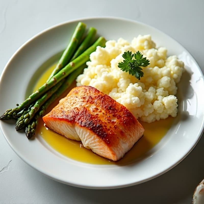 Seared Salmon with Steamed Asparagus and Garlic Mashed Cauliflower
