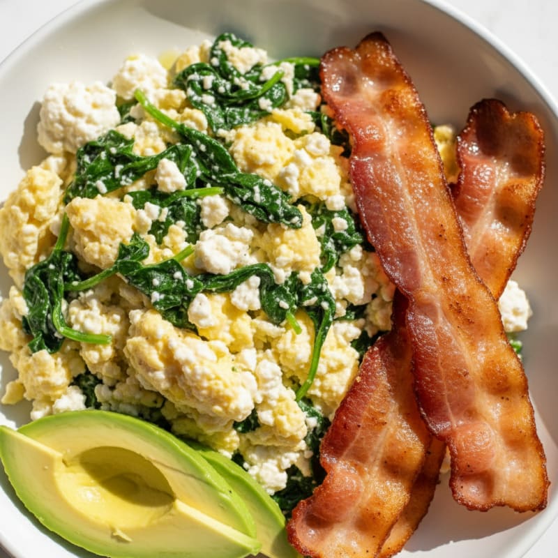 Cottage Cheese Scramble with Spinach and Turkey Bacon