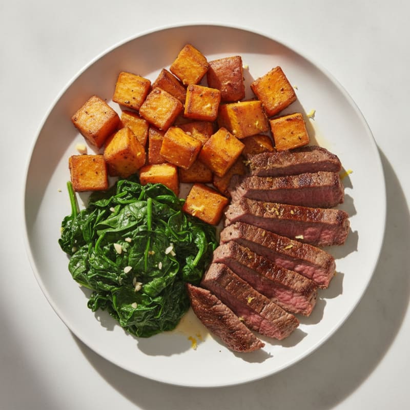 Seared Lean Beef Strips with Roasted Sweet Potatoes and Sautéed Spinach