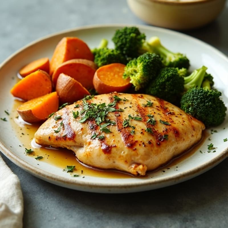 Sheet Pan Garlic-Herb Chicken with Crispy Roasted Sweet Potatoes and Broccoli