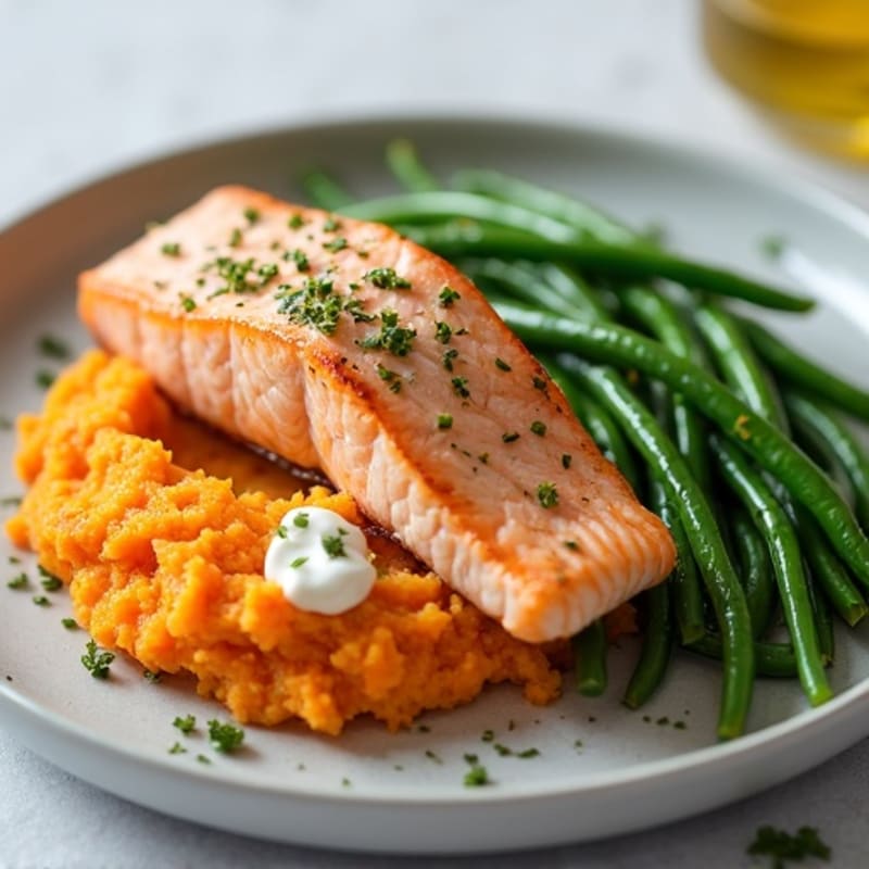 Seared Salmon with Steamed Green Beans and Sweet Potato Mash
