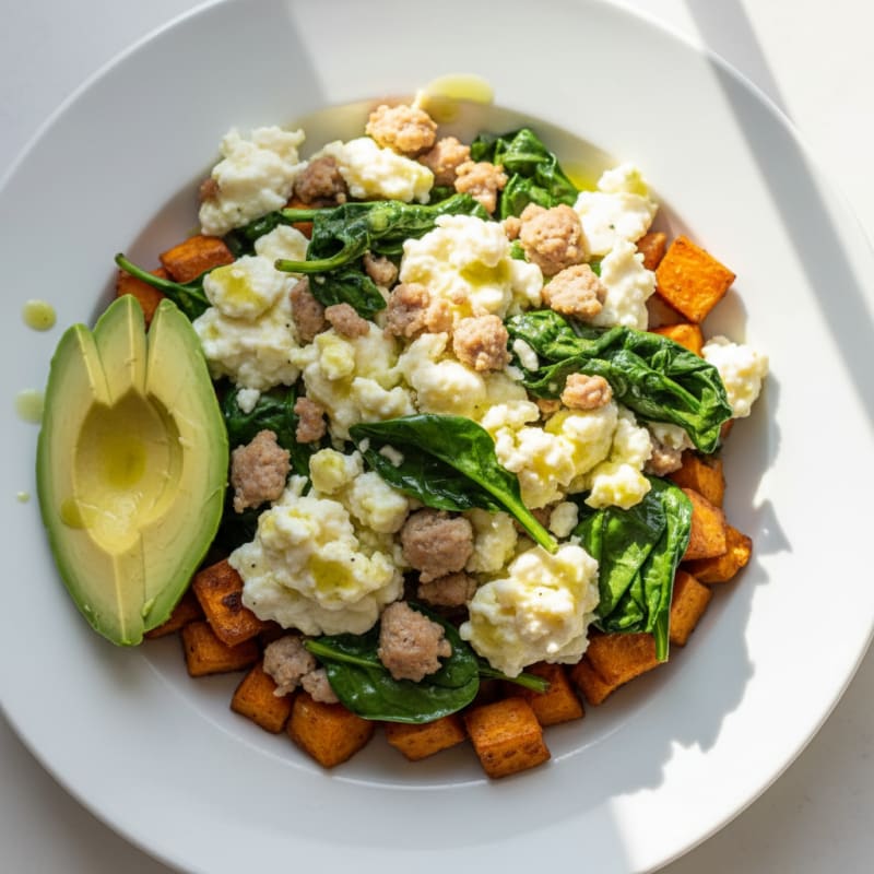 Egg White and Turkey Sausage Scramble with Spinach and Roasted Sweet Potatoes