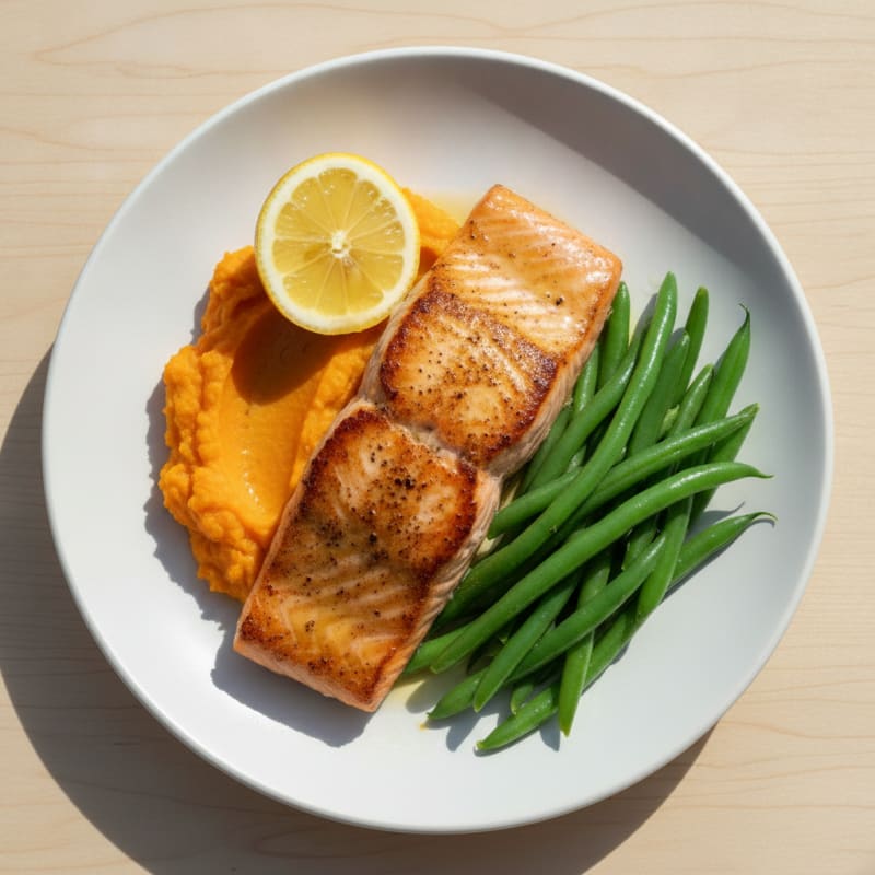 Seared Salmon with Steamed Green Beans and Sweet Potato Mash