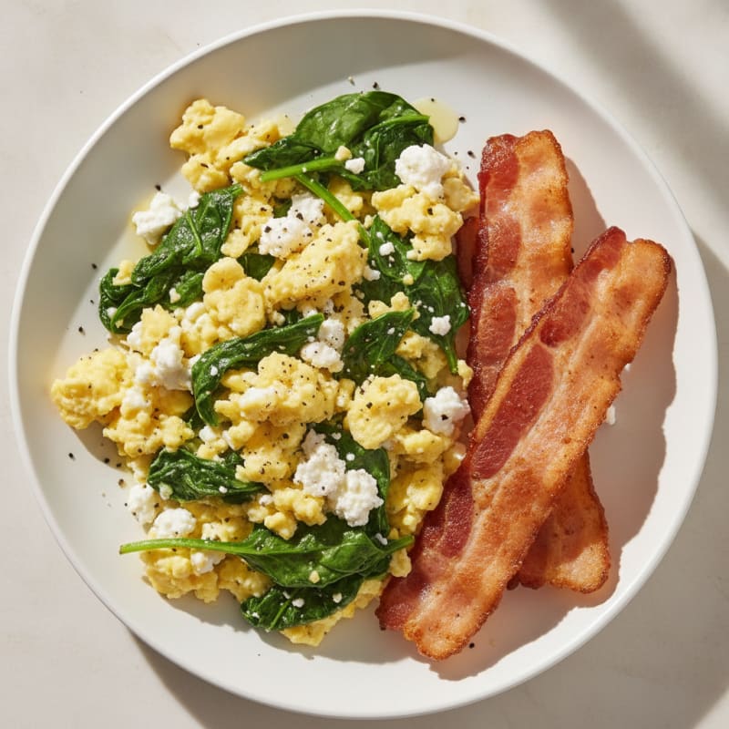 Cottage Cheese Egg Scramble with Sautéed Spinach and Turkey Bacon