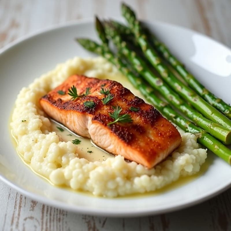 Seared Salmon with Steamed Asparagus and Cauliflower Mash