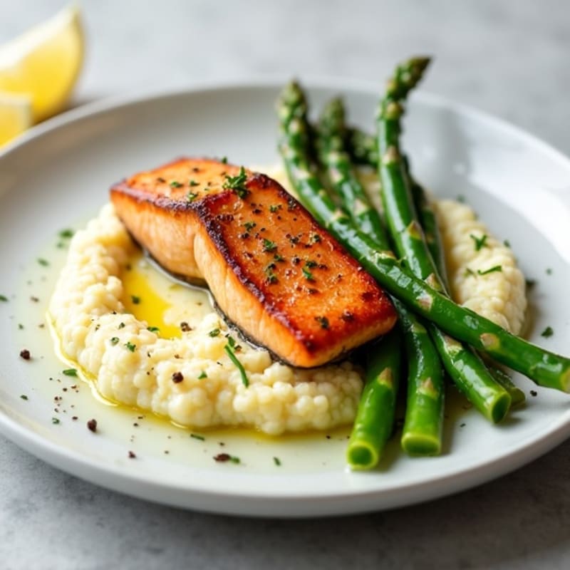Seared Salmon with Steamed Asparagus and Cauliflower Mash