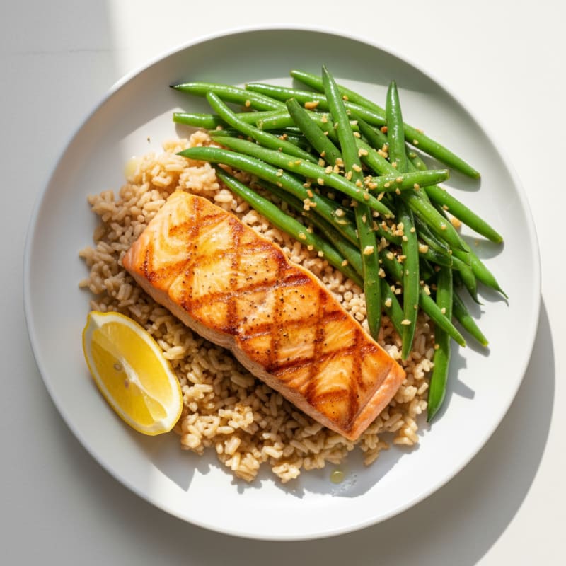 Seared Salmon Fillet with Garlic Green Beans and Brown Rice