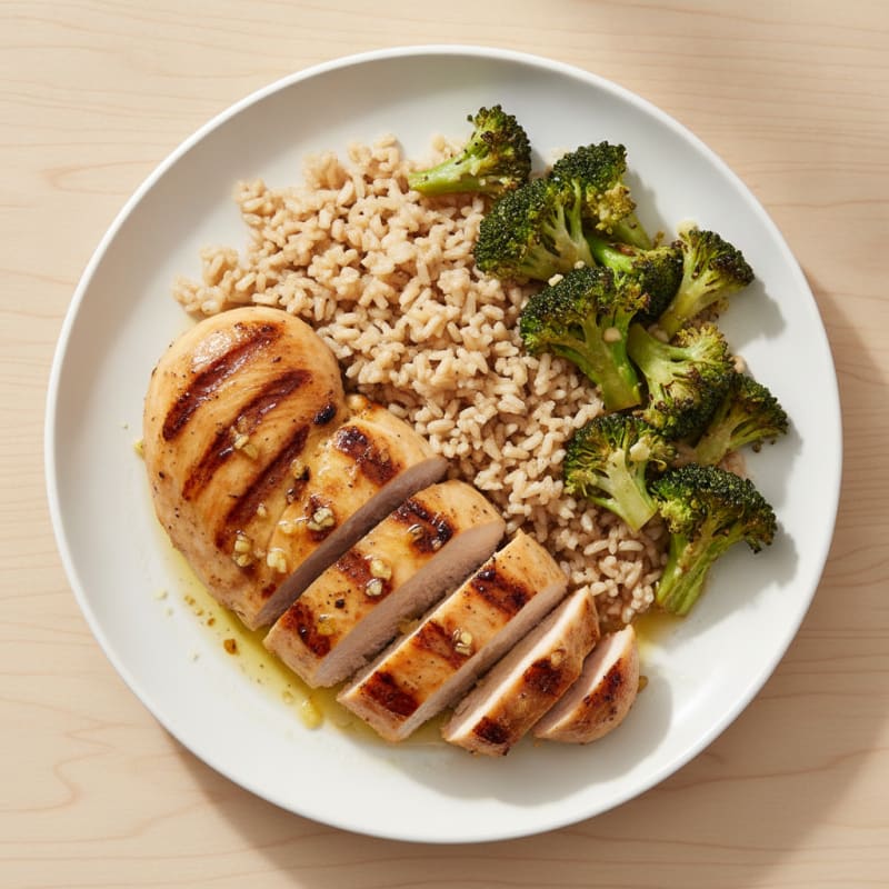 Grilled Chicken Breast with Brown Rice and Roasted Broccoli