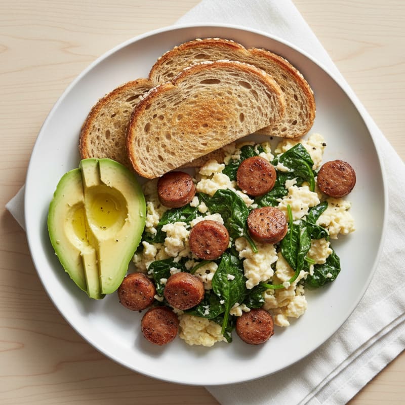 Egg White Spinach Scramble with Turkey Sausage