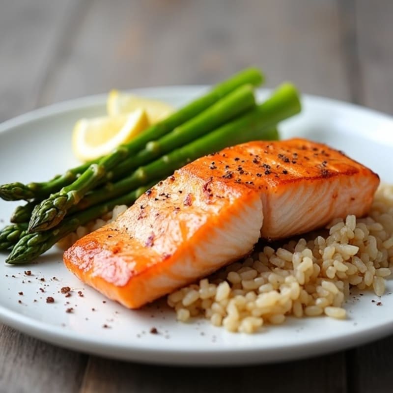 Seared Salmon with Steamed Asparagus and Brown Rice
