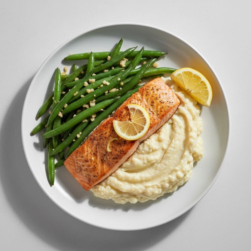 Seared Salmon with Garlic Green Beans and Mashed Cauliflower