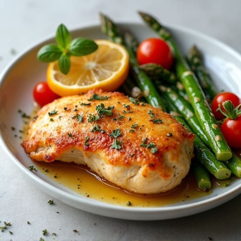 Crispy Lemon-Herb Roasted Chicken with Roasted Asparagus and Cherry Tomatoes