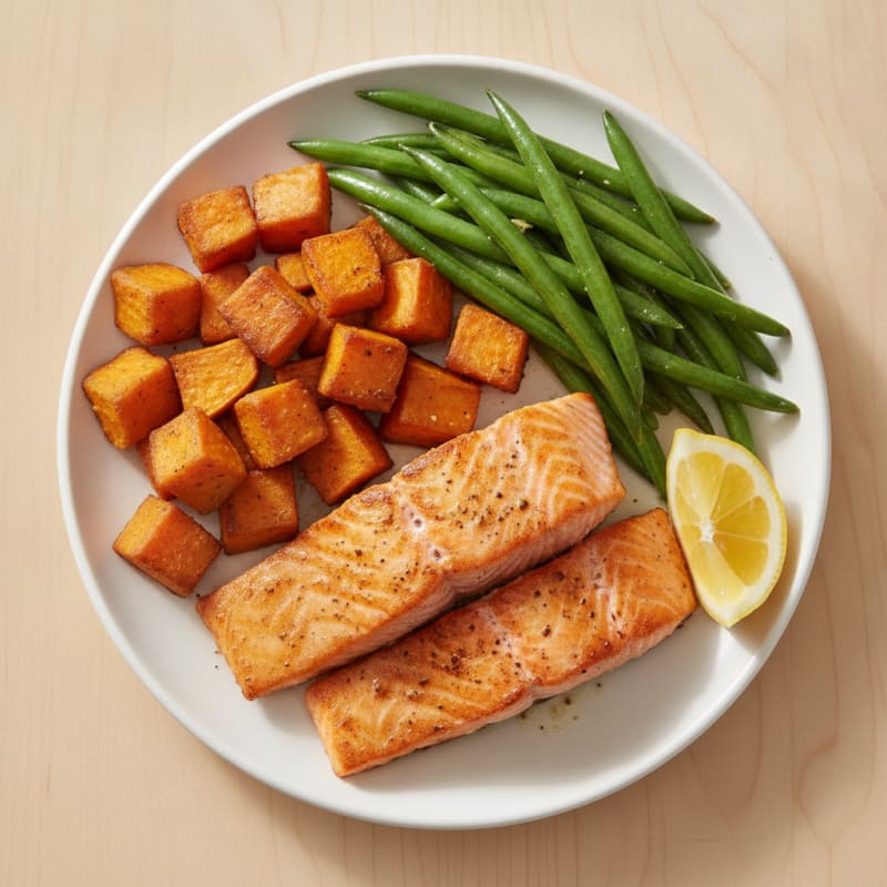 Seared Salmon with Roasted Sweet Potatoes and Green Beans
