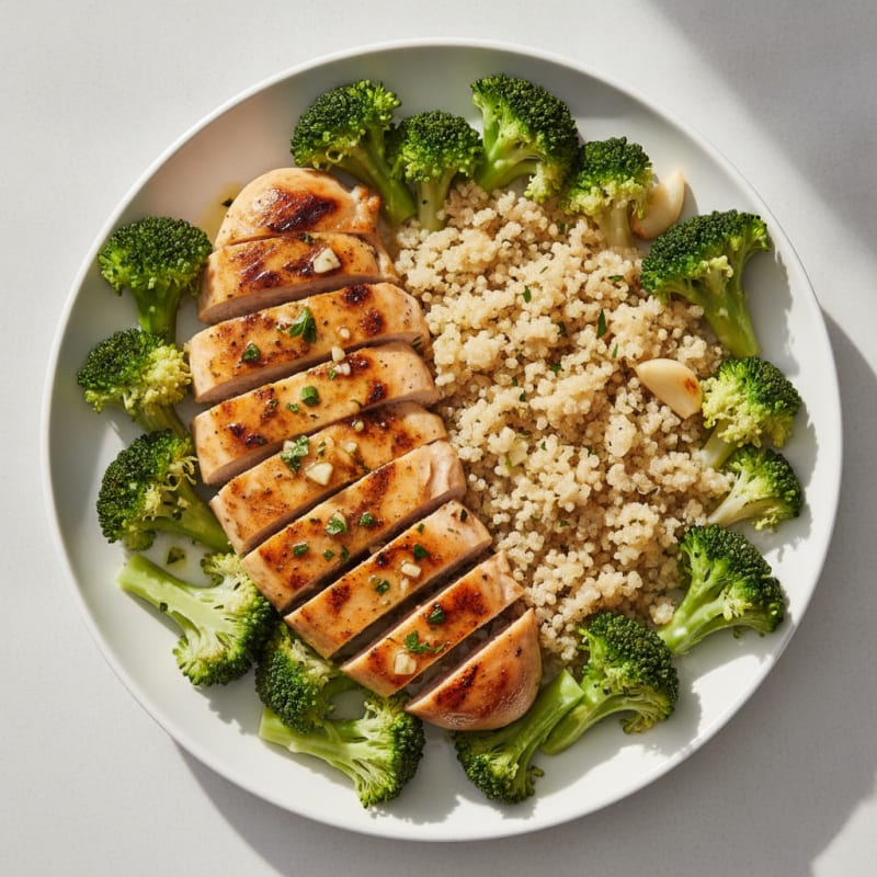 Grilled Lemon-Garlic Chicken Breast with Quinoa and Steamed Broccoli