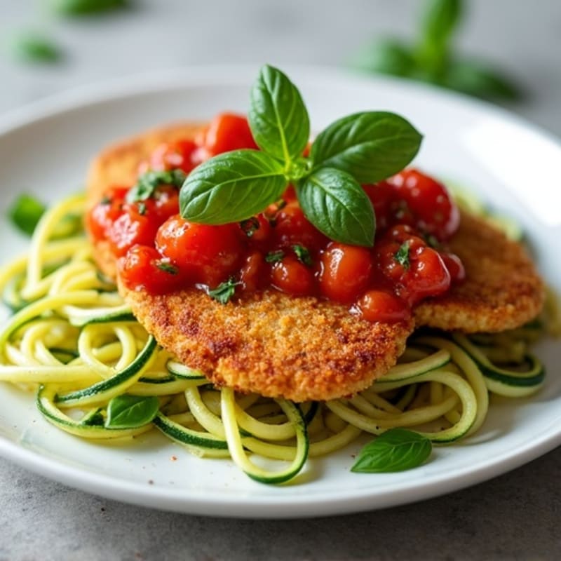 Crispy Chicken Cutlets with Fresh Tomato Basil Sauce and Zucchini Noodles