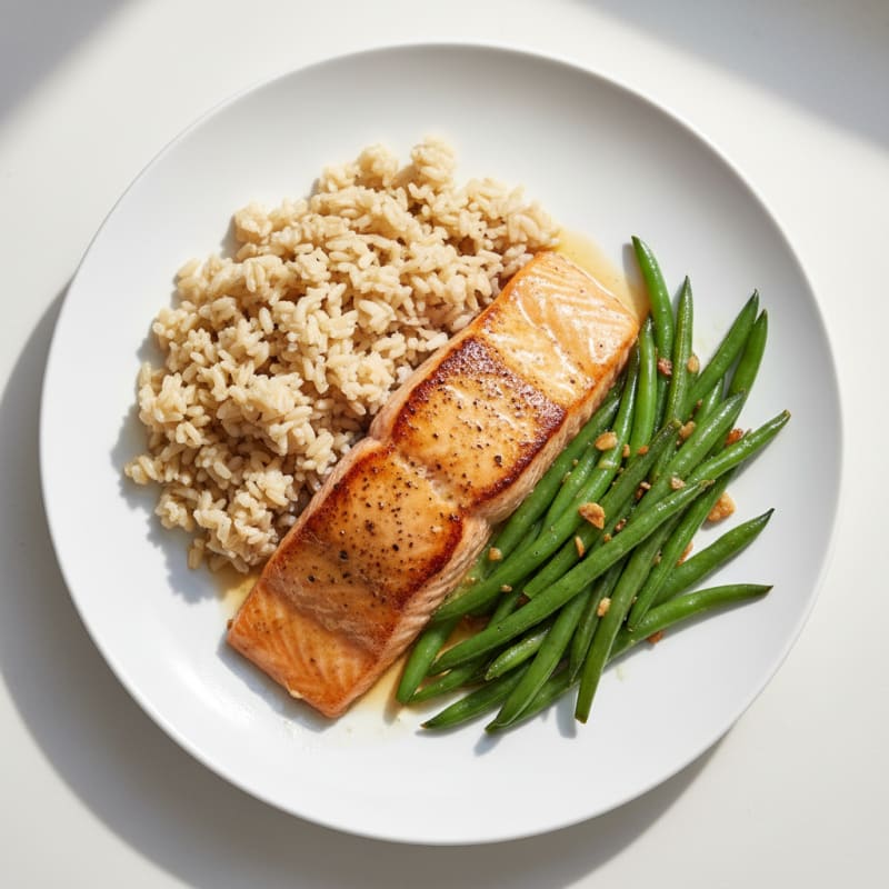 Seared Salmon with Garlic Green Beans and Brown Rice
