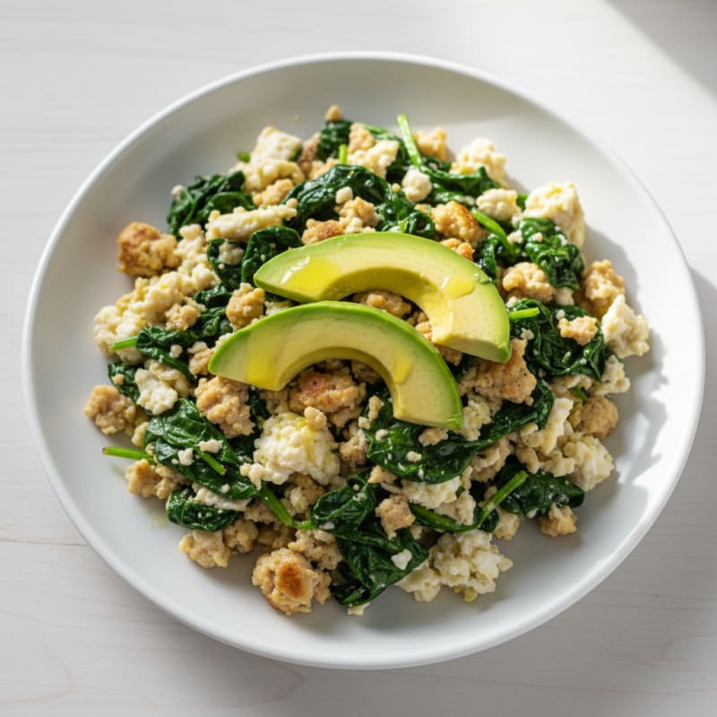 Egg White Scramble with Turkey Sausage and Sautéed Spinach
