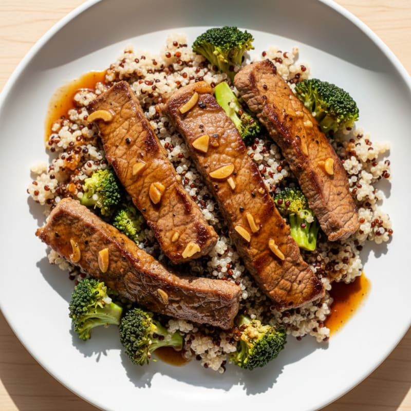 Seared Lean Beef Strips with Steamed Broccoli and Quinoa