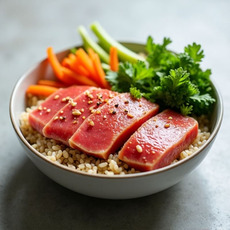 Sesame-Ginger Fresh Tuna with Brown Rice and Crisp Vegetables