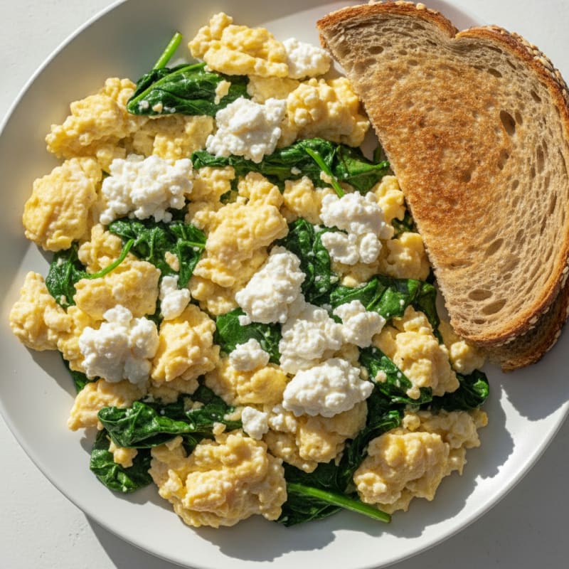 Scrambled Eggs with Cottage Cheese and Sautéed Spinach