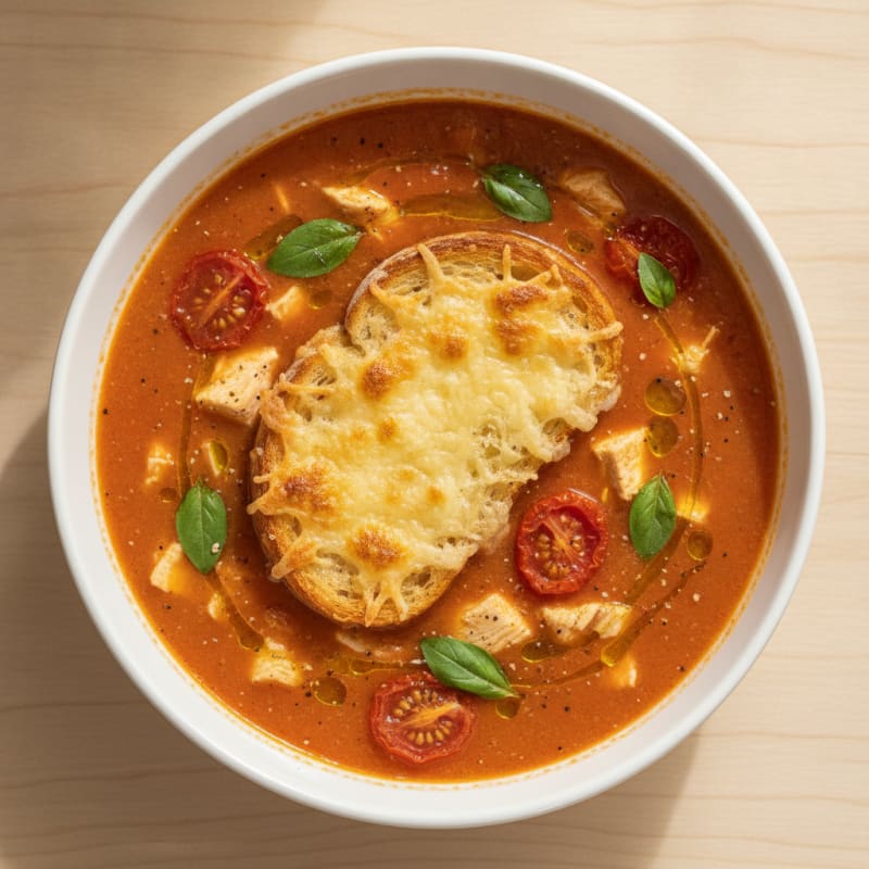 Roasted Tomato Basil Soup with Parmesan Crostini