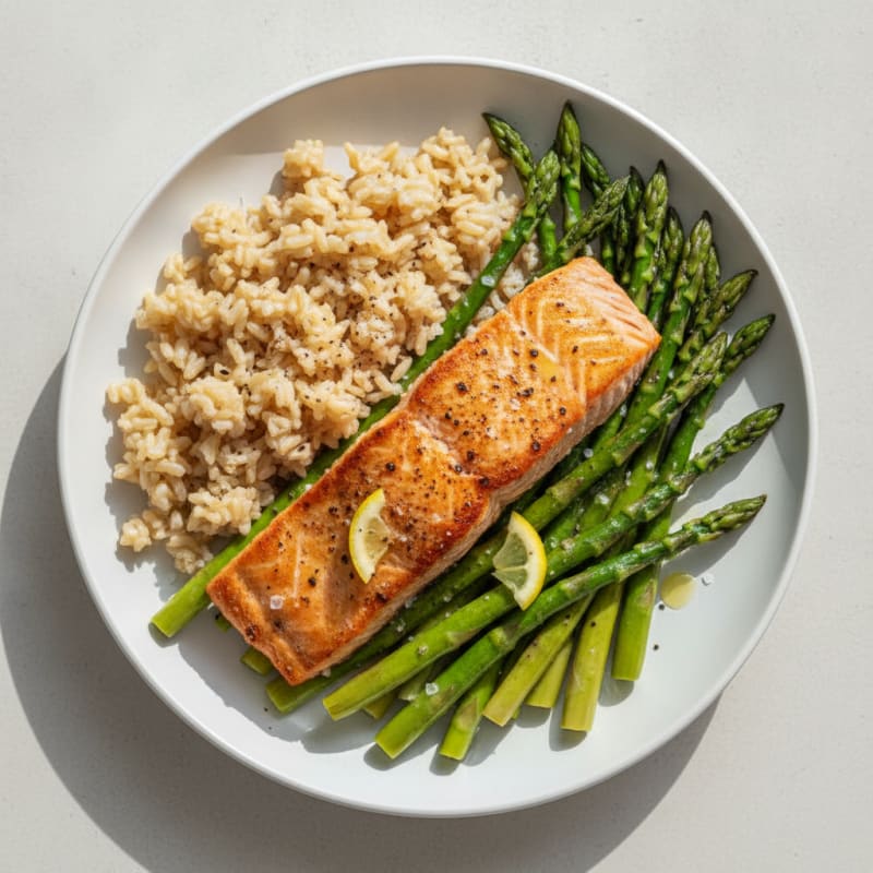 Seared Salmon with Steamed Asparagus and Brown Rice