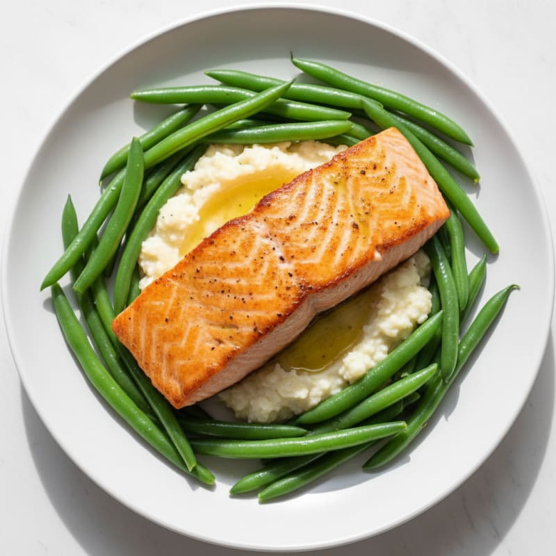 Seared Salmon with Steamed Green Beans and Garlic Cauliflower Mash